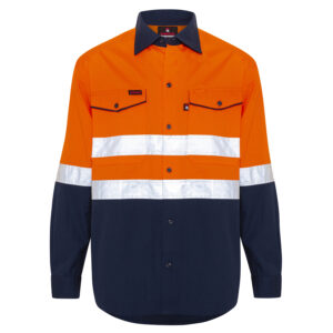 Hi Vis Orange Navy Cotton Drill Ripstop Shirt with Reflective Tape - front