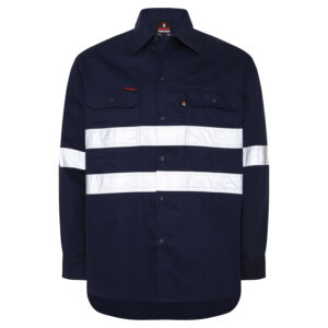 Navy Blue Hi Vis Cotton Drill Work shirt with reflective tape - front view