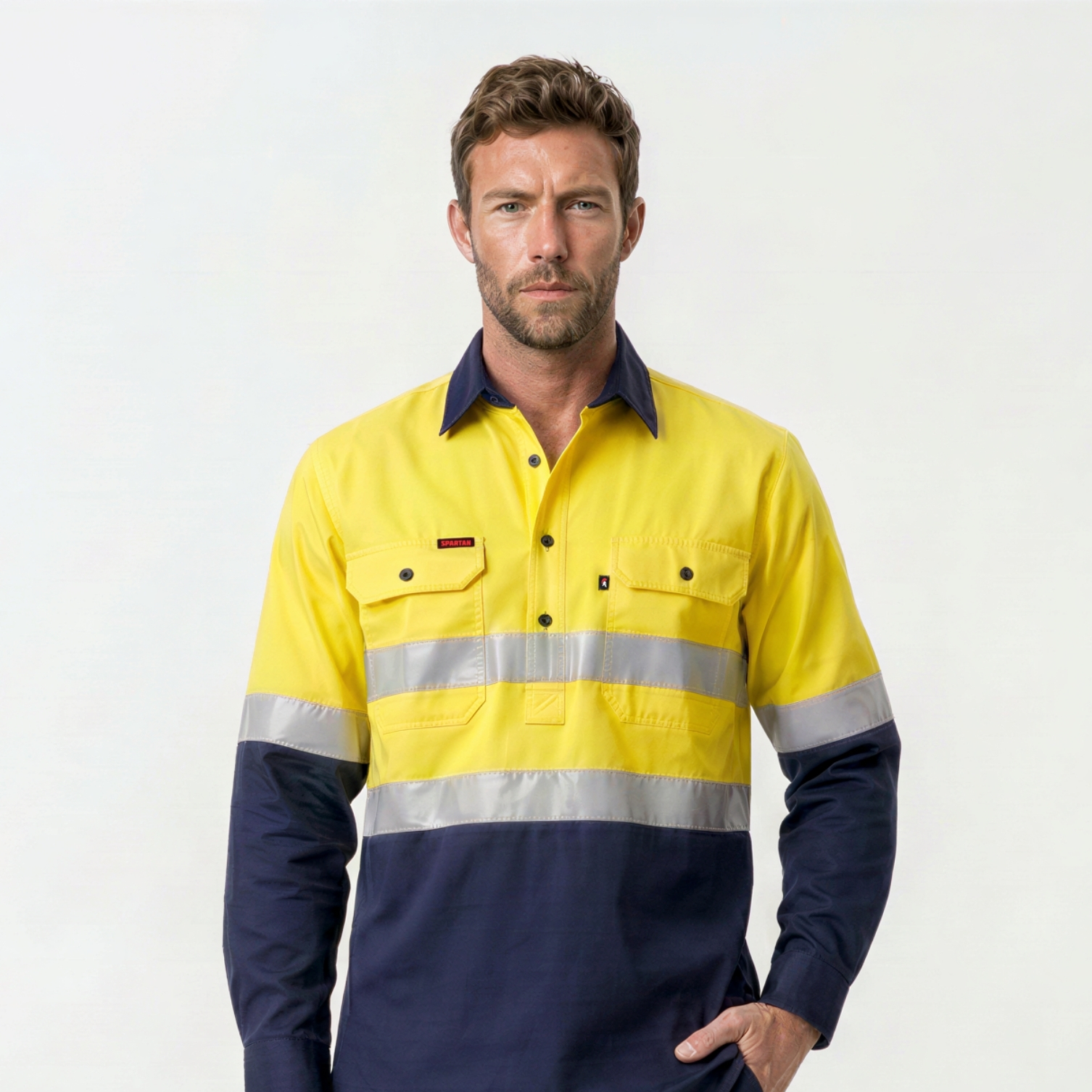 Taped Cool Breathe Hi Vis Closed Front Shirt - Yellow/Navy - Image 4