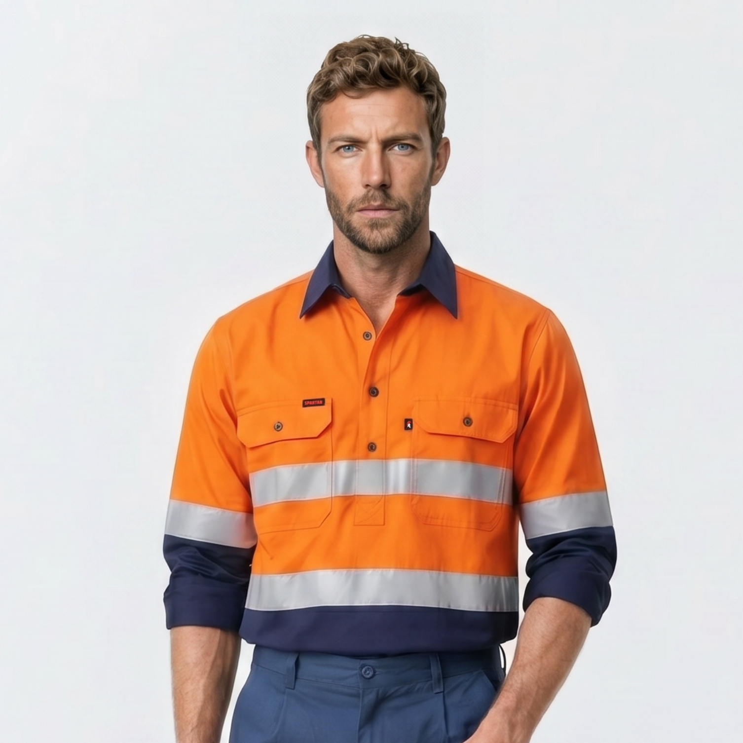 Taped Cool Breathe Hi Vis Closed Front Shirt - Orange/Navy - Image 3