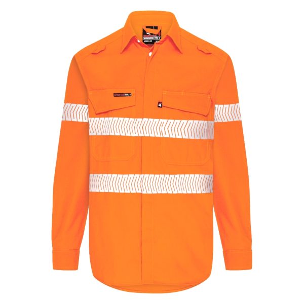 Hi Vis Orange Fire Resistant shirt with segmented reflective tape - front view