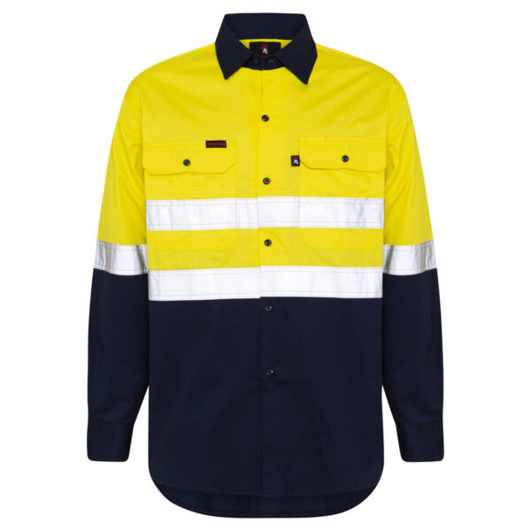 Hi Vis Yellow Navy Blue Work shirt with reflective tape - front