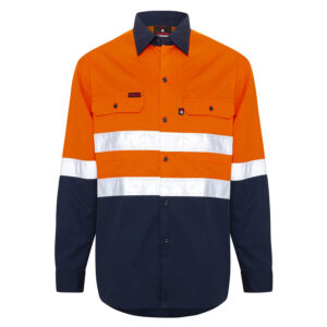 Hi Vis Orange Navy Cool Work shirt with reflective tape front