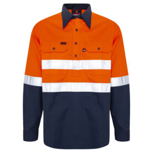 Hi Vis Orange Navy Closed Front Work Shirt with reflective Tape front
