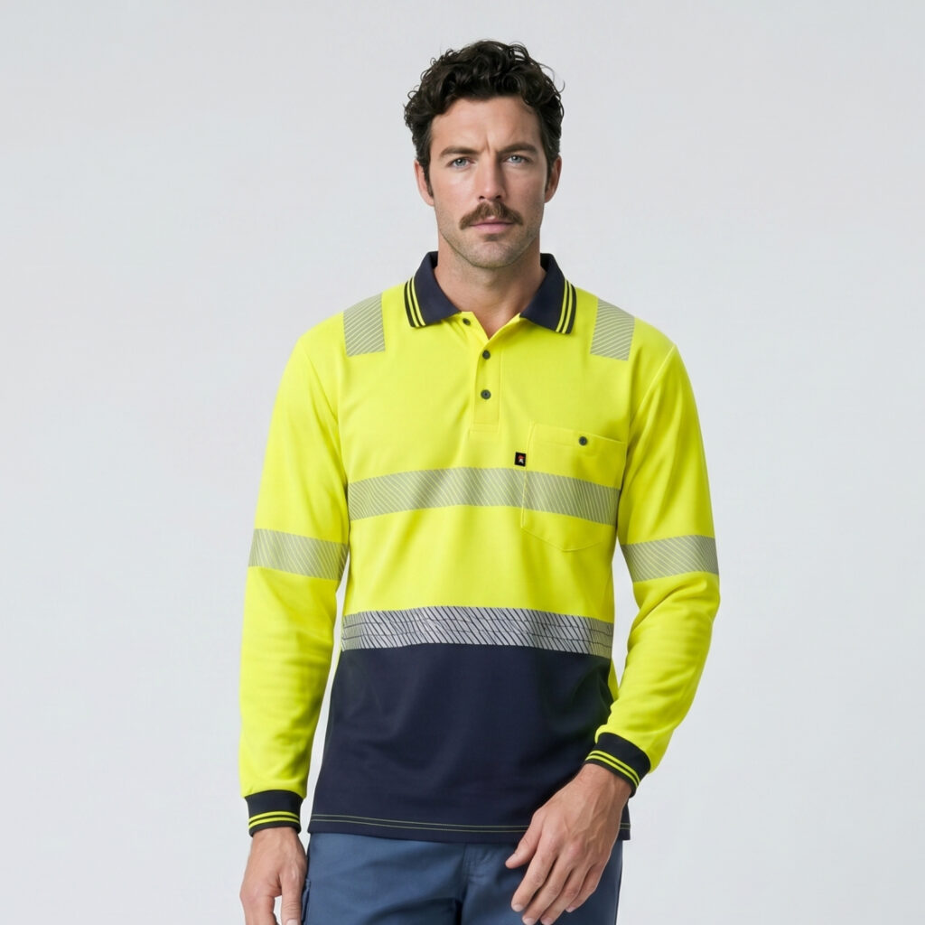 Taped Micro Mesh Long Sleeve Hi Vis Polo - Yellow/Navy