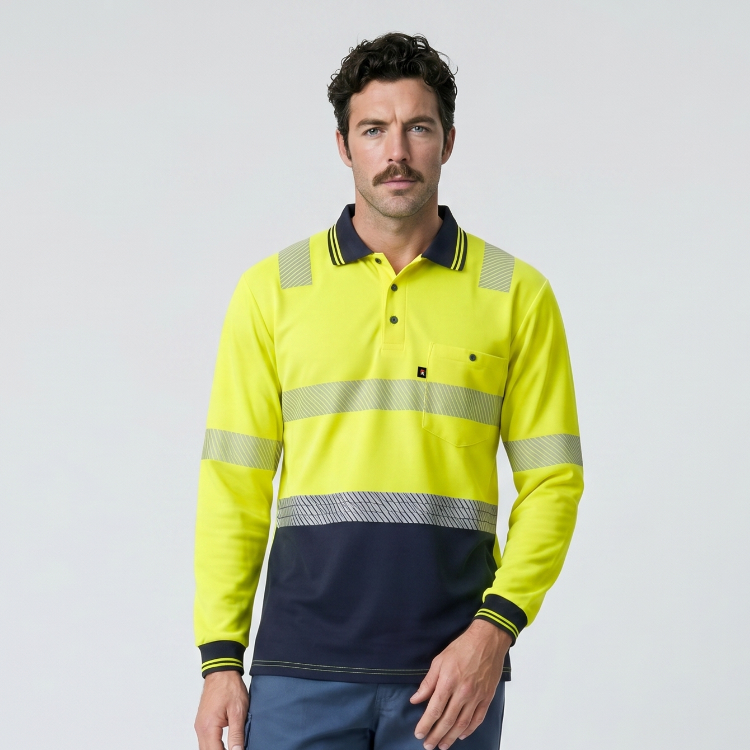 Taped Micro Mesh Long Sleeve Hi Vis Polo - Yellow/Navy - Image 3