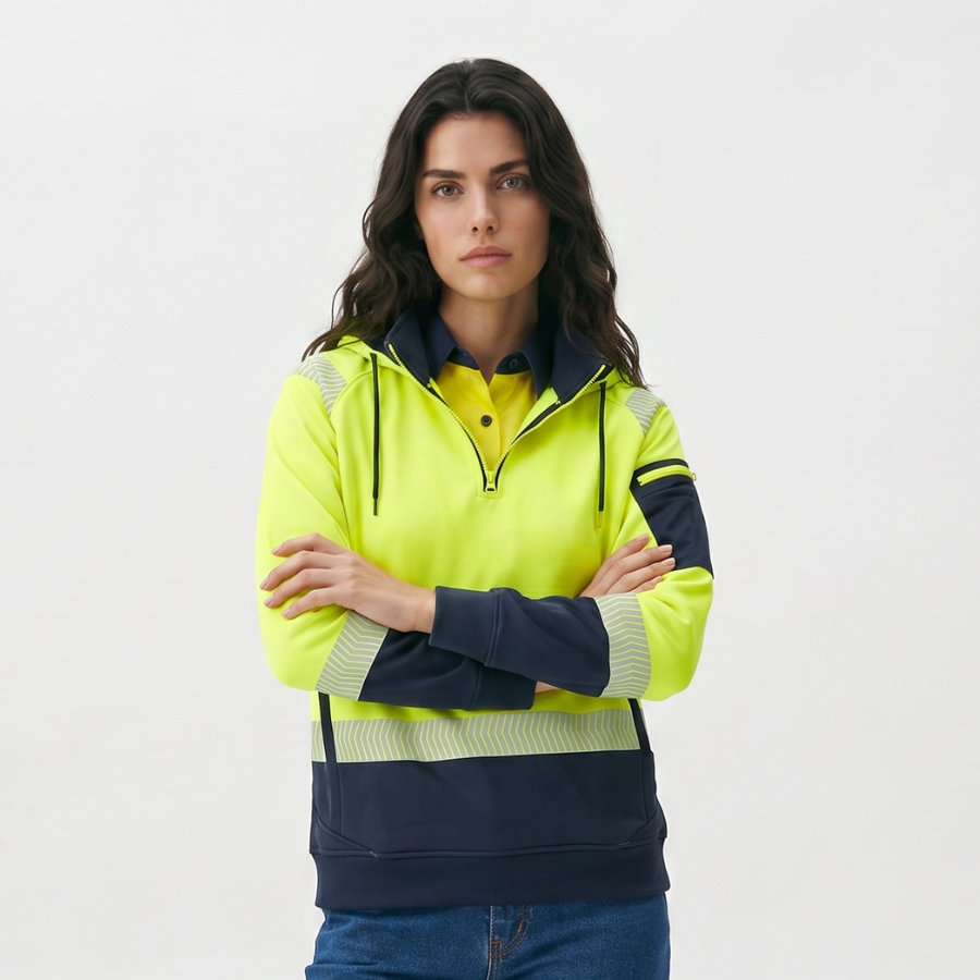 1/2 Zip Hi-Vis Taped Brushed Fleece Jumper Hoodie – Yellow/Navy - Image 4