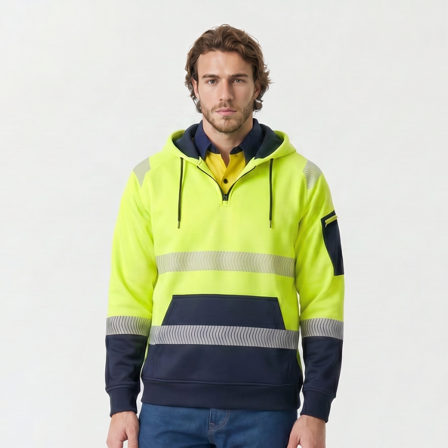 1/2 Zip Hi-Vis Taped Brushed Fleece Jumper Hoodie – Yellow/Navy - Image 3